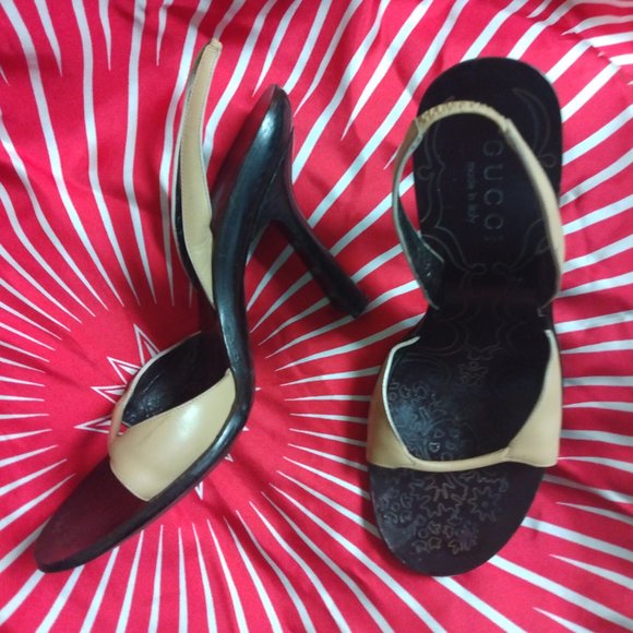 ❤️GUCCI Tan Slingback Leather Chunky Heel Shoes 7 B - Picture 1 of 10